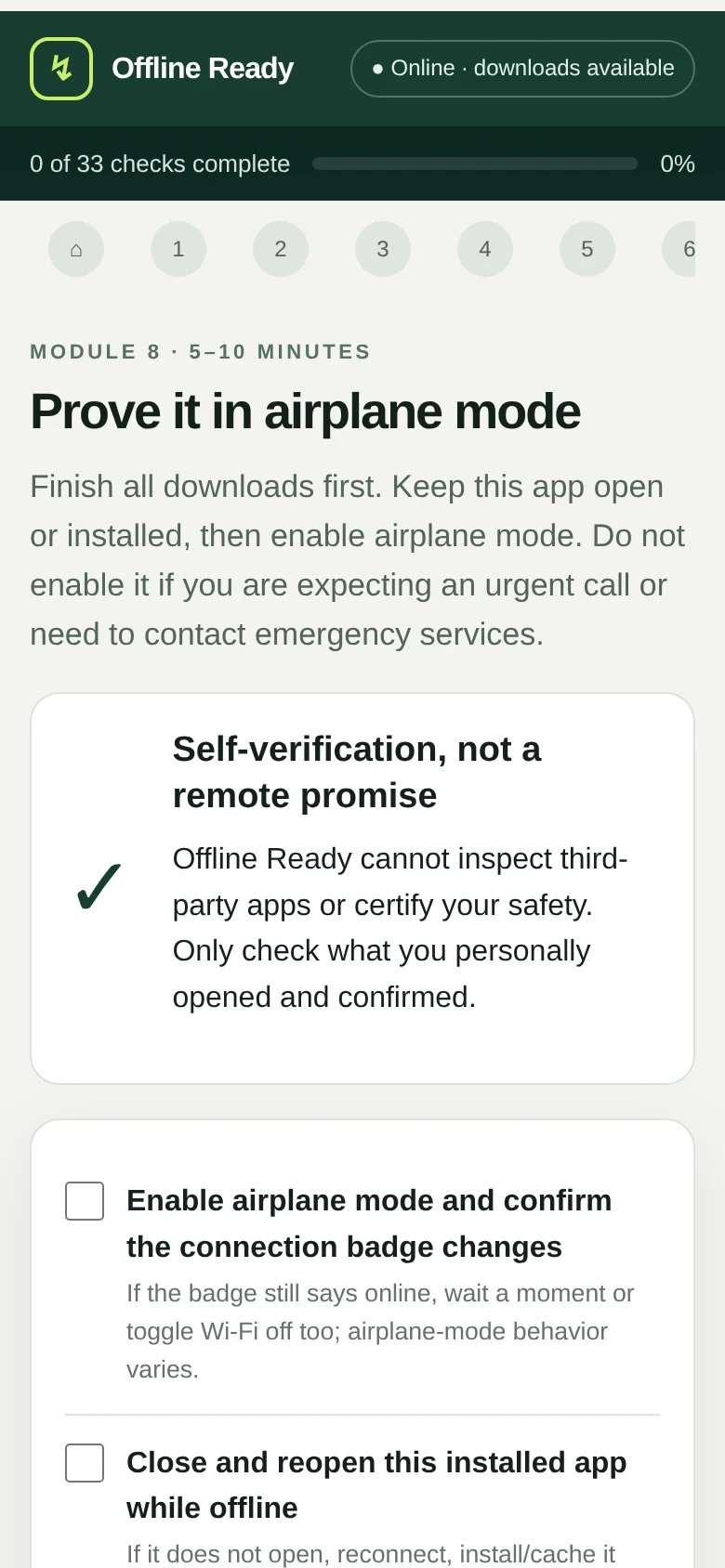 Offline Ready airplane-mode verification checklist
