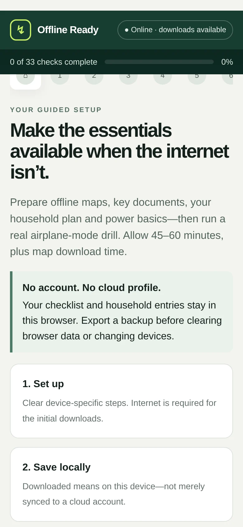 Offline Ready guided setup home screen