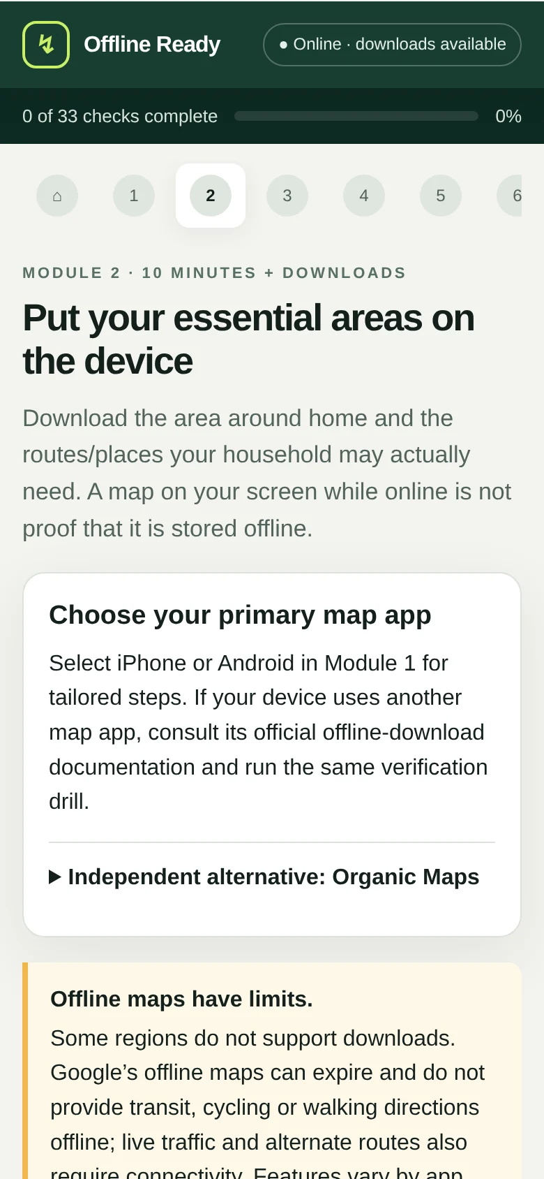 Offline maps setup module
